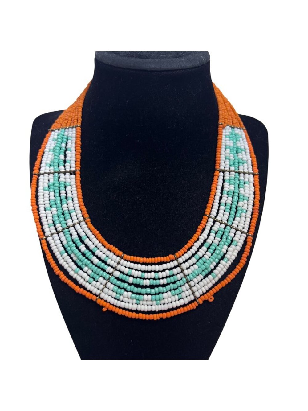 Orange, White and Blue Beaded Tribal Inspired Collar Necklace (6403)